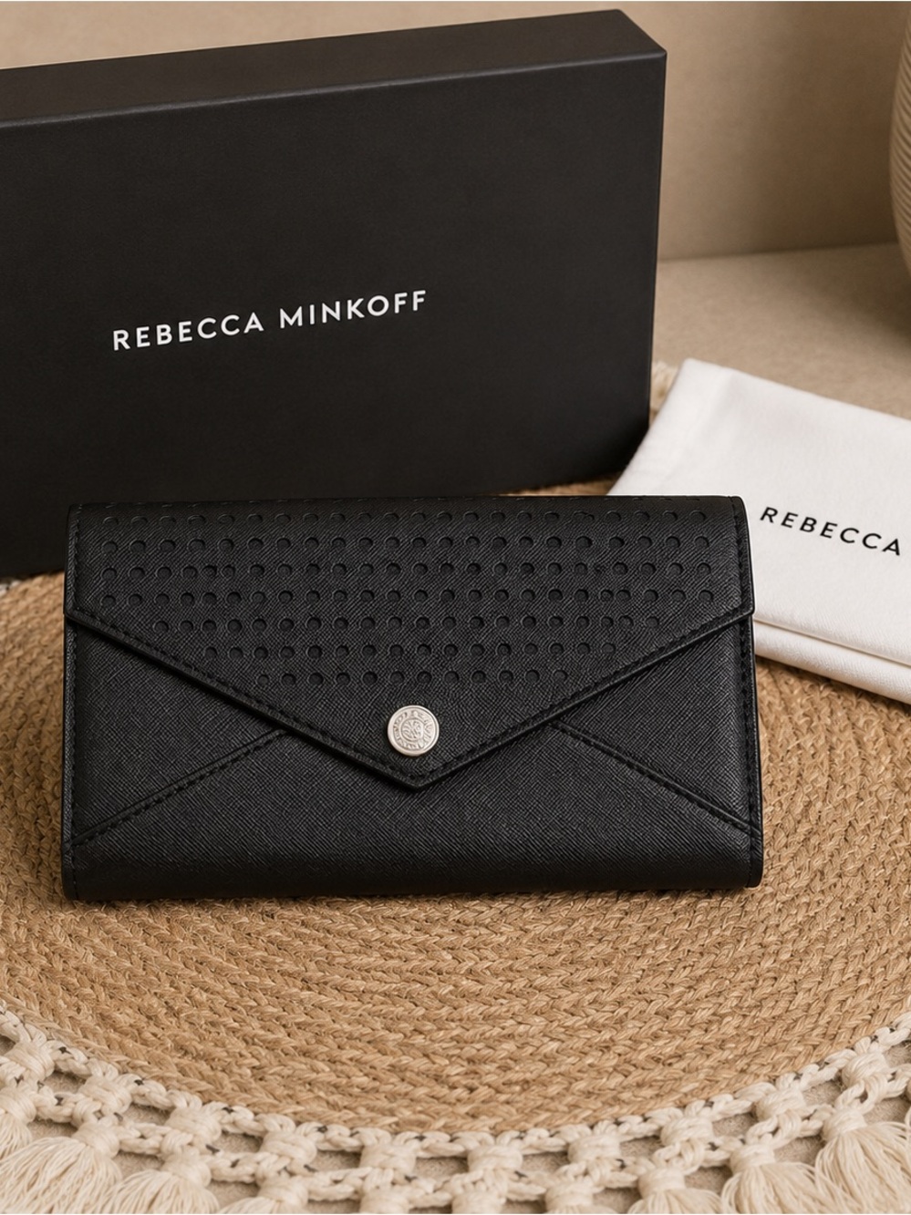 Rebecca Minkoff Black Saffiano Leather Envelope‎ Wallet Clutch Perforated Detail